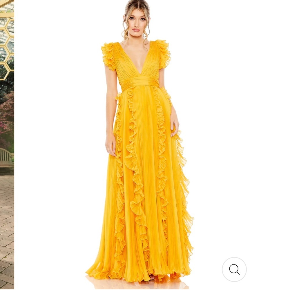 Mac Duggal PLEATED RUFFLE CAP SLEEVE FLOWY A LINE GOWN Dress Size 12 Marigold